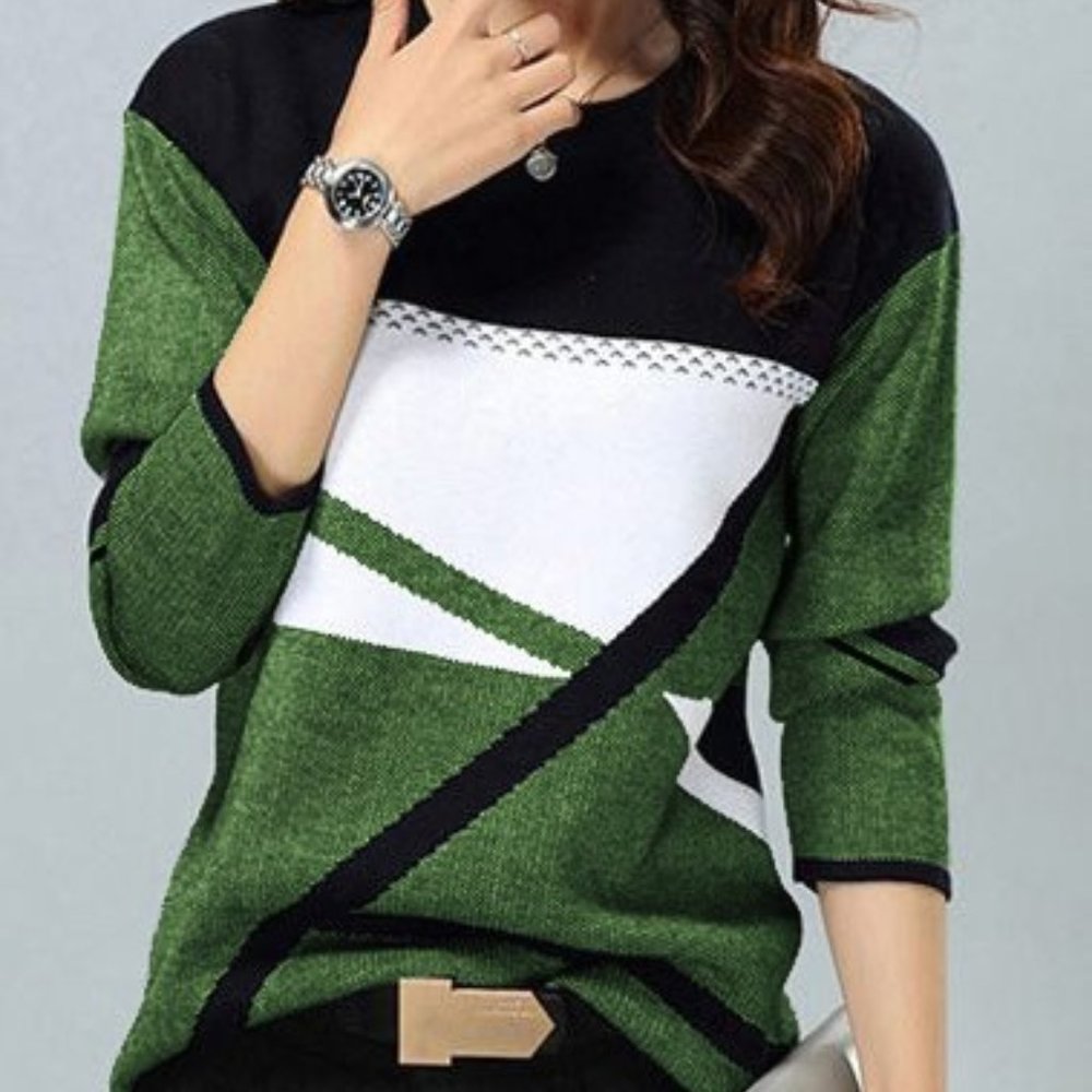 Geometric Pattern Round Neck Green Sweater Large New